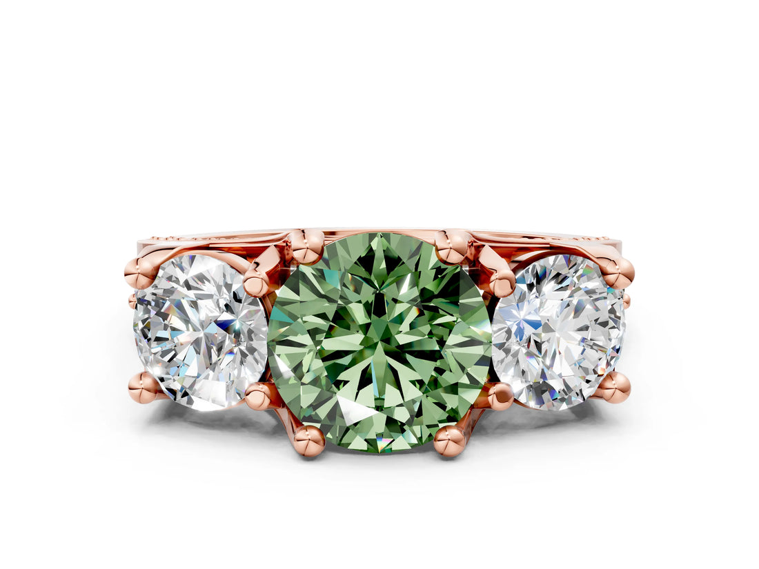 Rose gold Three-Stone Fancy Green Round  Cut Diamond Ring with Channel-Set Band and Four-Prong Setting_65
