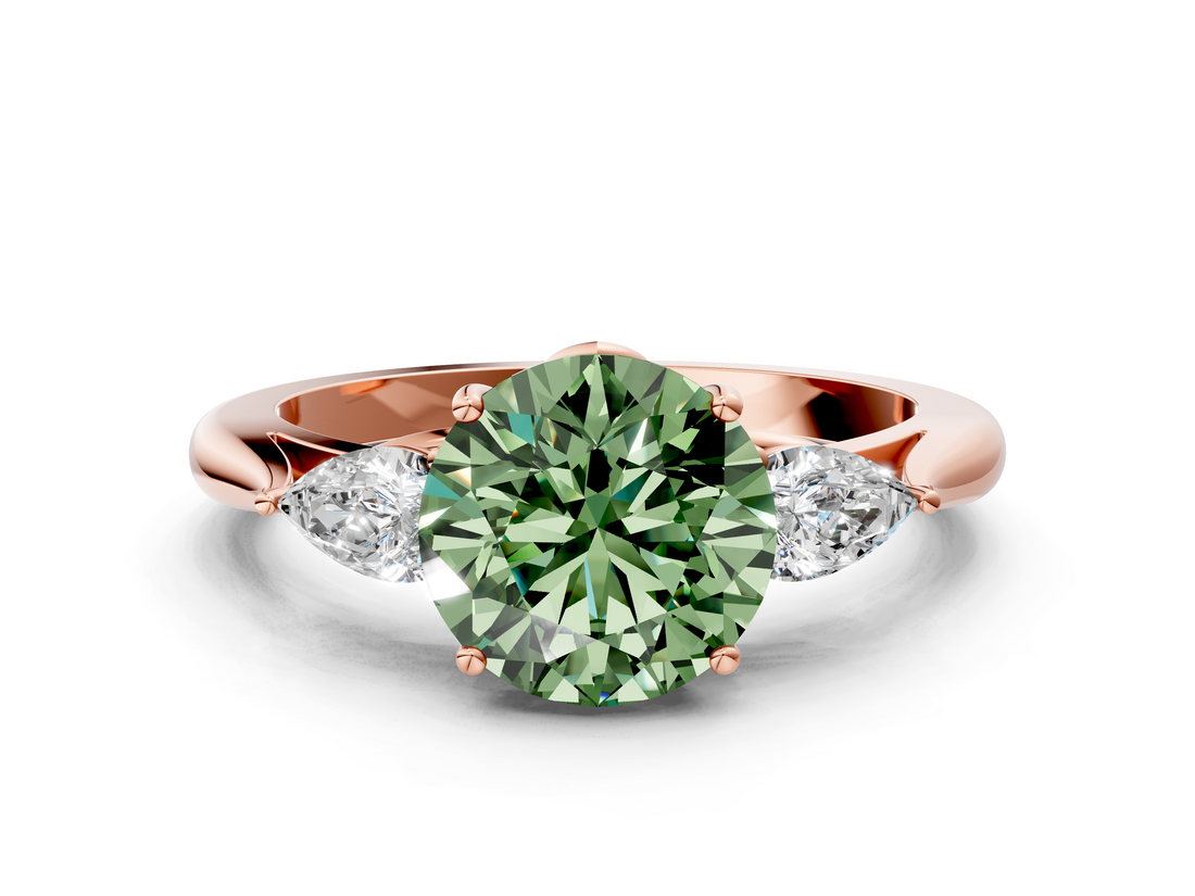 Rose gold Three-Stone Fancy Green Round  Cut Diamond Ring with Pear Side Stones in Four-Prong Setting_109