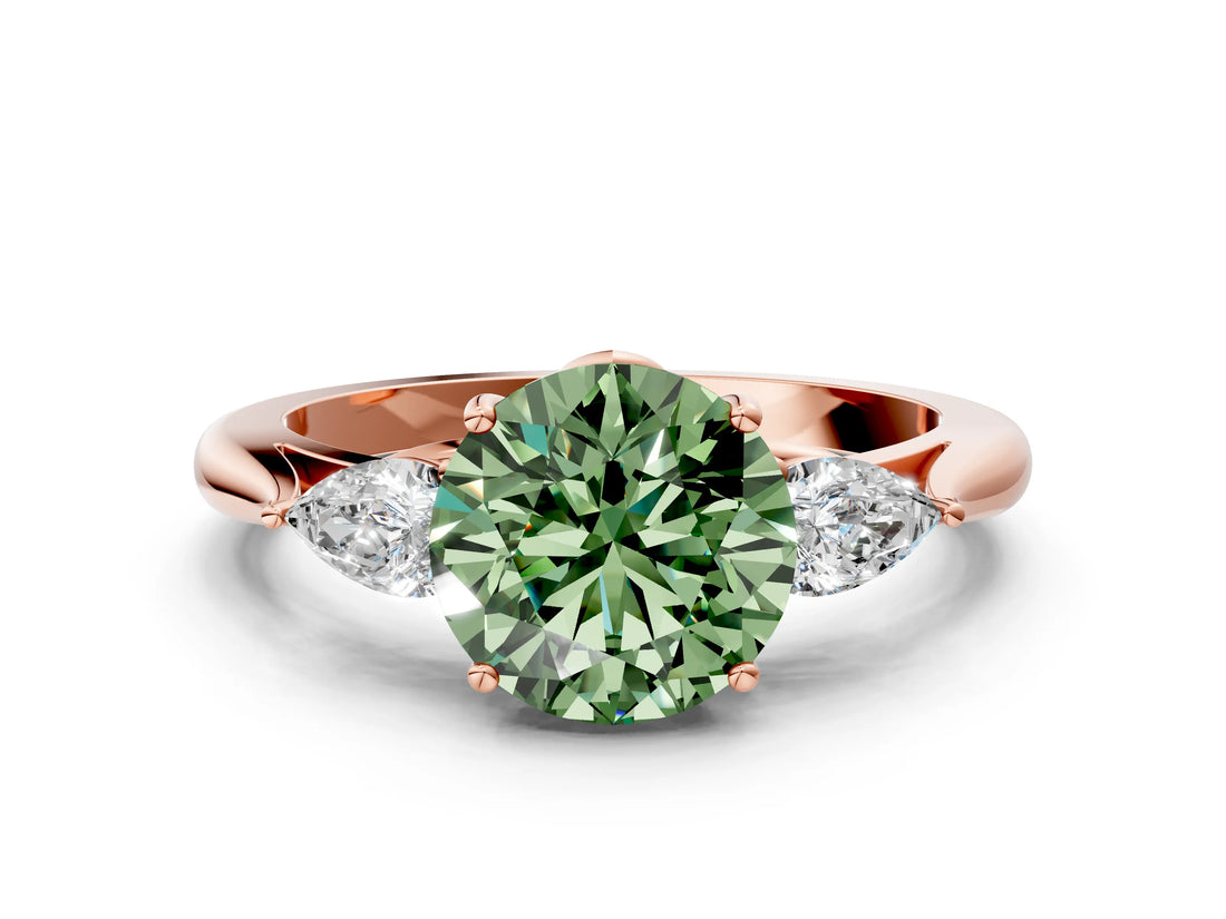 Rose gold Three-Stone Fancy Green Round Cut Diamond Ring with Pear  Side Stones in Four-Prong Setting_36
