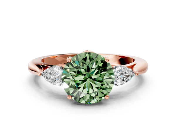 Rose gold Three-Stone Fancy Green Round Cut Diamond Ring with Pear  Side Stones in Four-Prong Setting