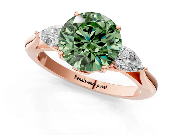 Rose gold Three-Stone Fancy Green Round Cut Diamond Ring with Pear  Side Stones in Four-Prong Setting