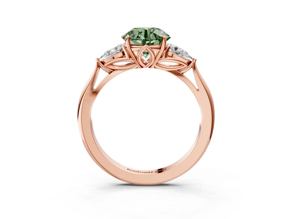 Rose gold Three-Stone Fancy Green Round Cut Diamond Ring with Pear  Side Stones in Four-Prong Setting