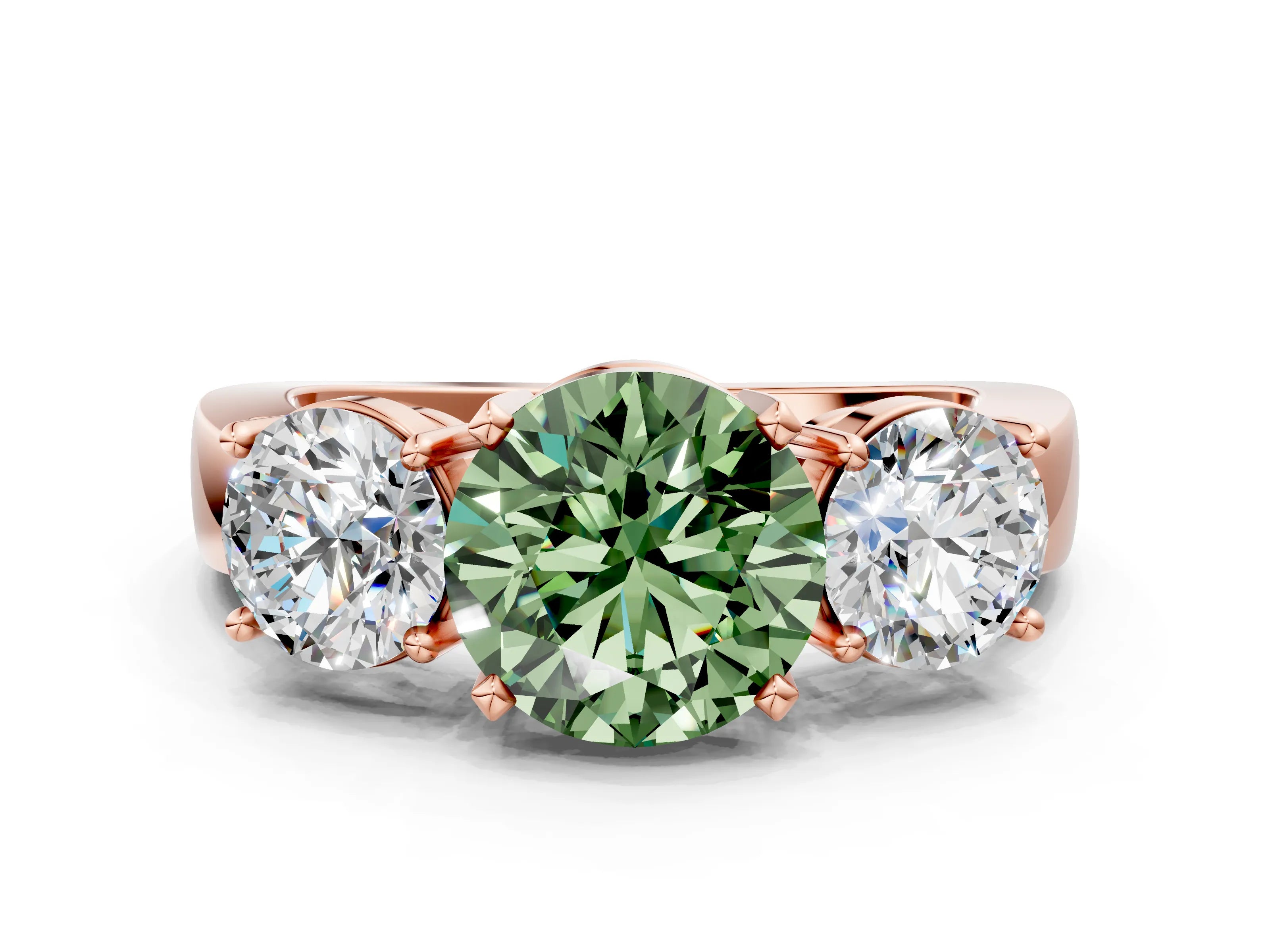 Rose gold Three-Stone Fancy Green Round Cut Diamond Ring with Round Side Stones, Classic Band, and Four-Prong Setting