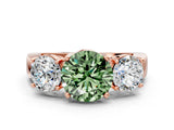 Rose gold Three-Stone Fancy Green Round Cut Diamond Ring with Round Side Stones, Classic Band, and Four-Prong Setting