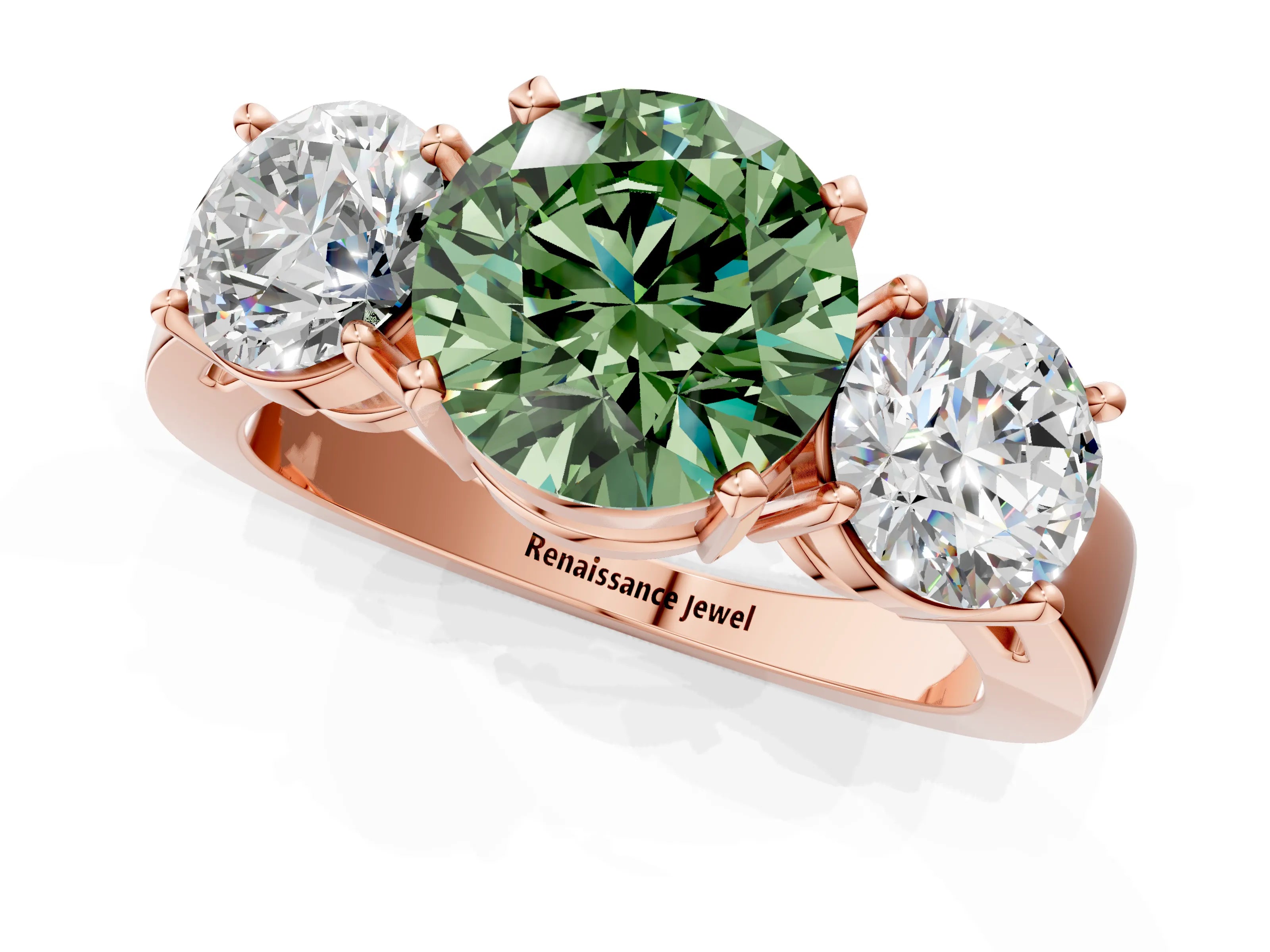 Rose gold Three-Stone Fancy Green Round Cut Diamond Ring with Round Side Stones, Classic Band, and Four-Prong Setting_1