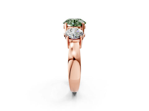 Rose gold Three-Stone Fancy Green Round Cut Diamond Ring with Round Side Stones, Classic Band, and Four-Prong Setting_2