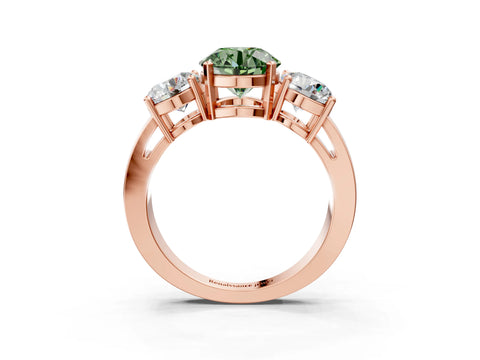 Rose gold Three-Stone Fancy Green Round Cut Diamond Ring with Round Side Stones, Classic Band, and Four-Prong Setting_3