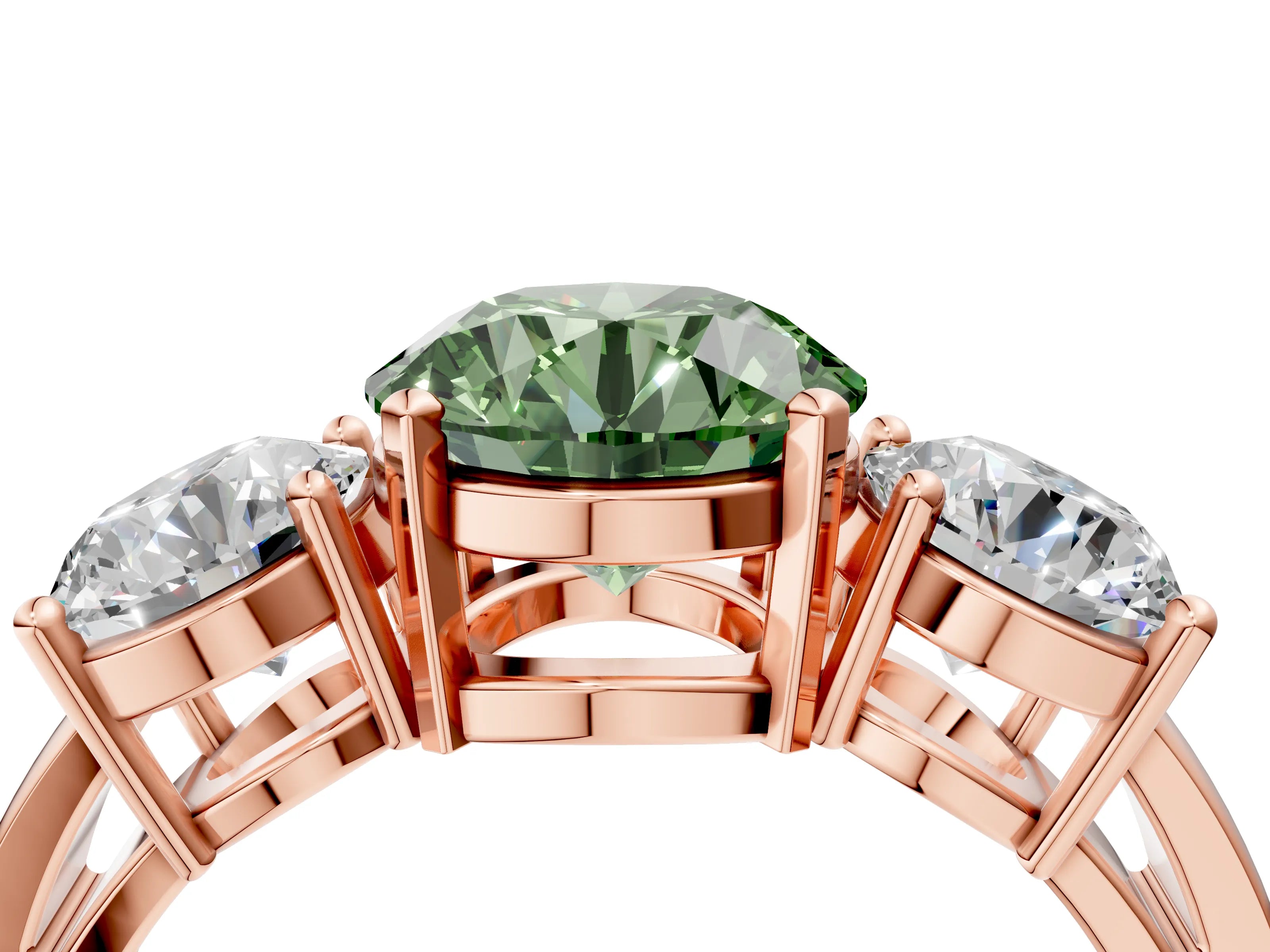 Rose gold Three-Stone Fancy Green Round Cut Diamond Ring with Round Side Stones, Classic Band, and Four-Prong Setting_4