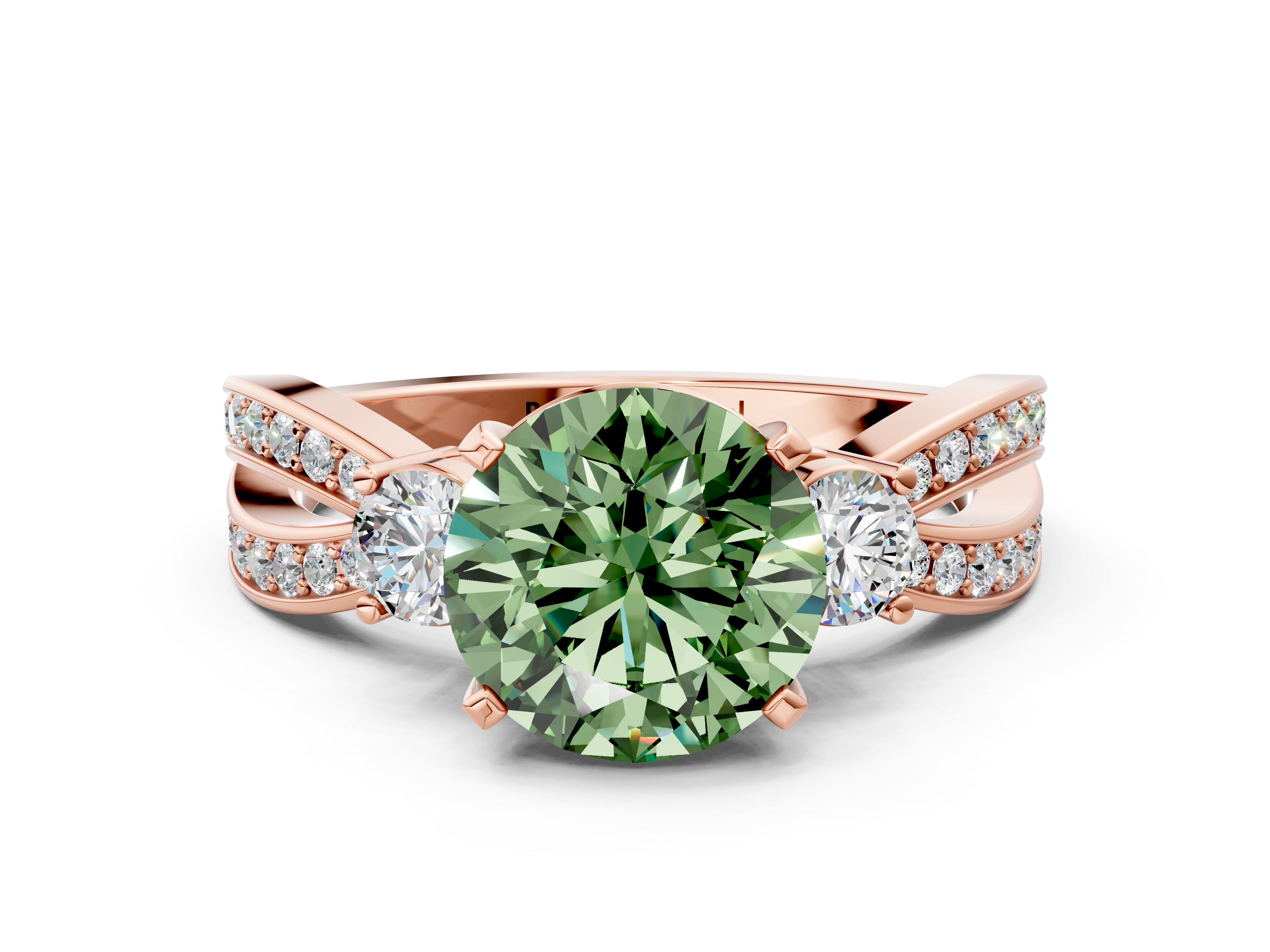 Rose gold Three-Stone Fancy Green Round  Cut Diamond Twist Band with Prong Setting_50
