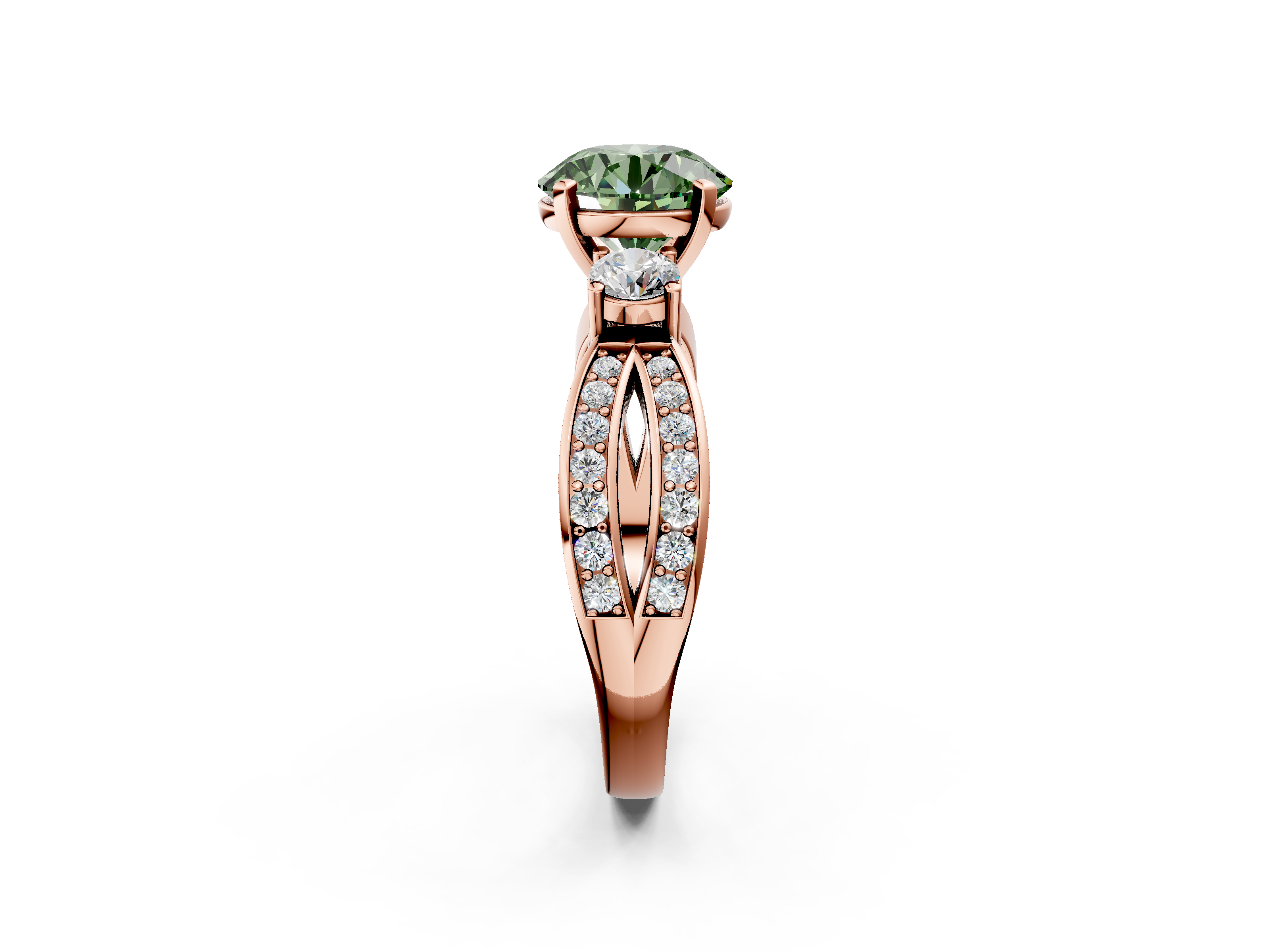 Rose gold Three-Stone Fancy Green Round  Cut Diamond Twist Band with Prong Setting_52