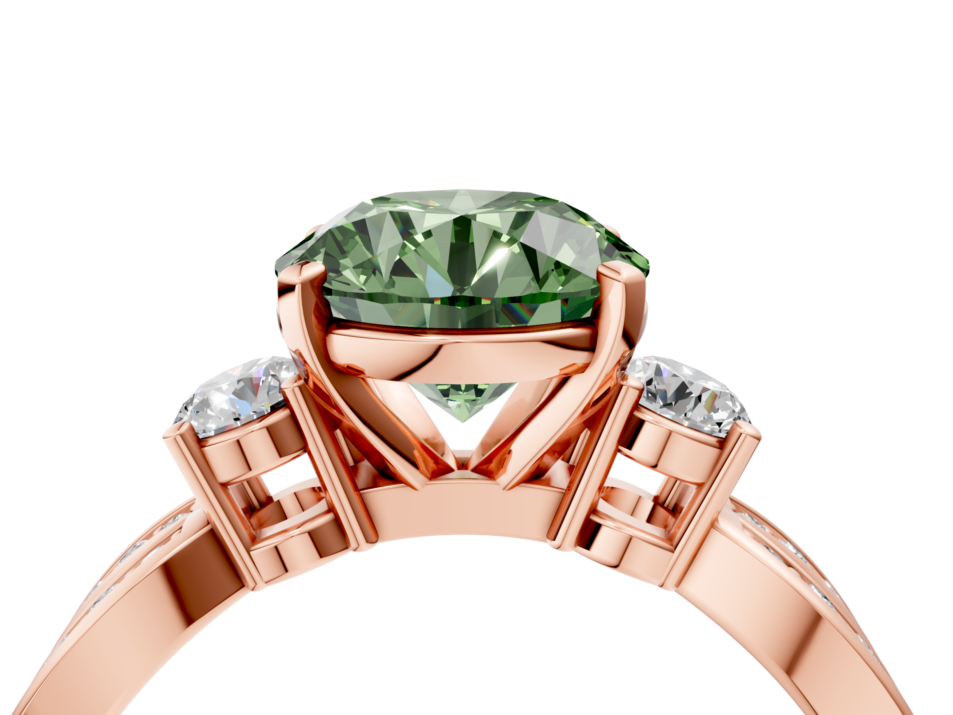 Rose gold Three-Stone Fancy Green Round  Cut Diamond Twist Band with Prong Setting_54
