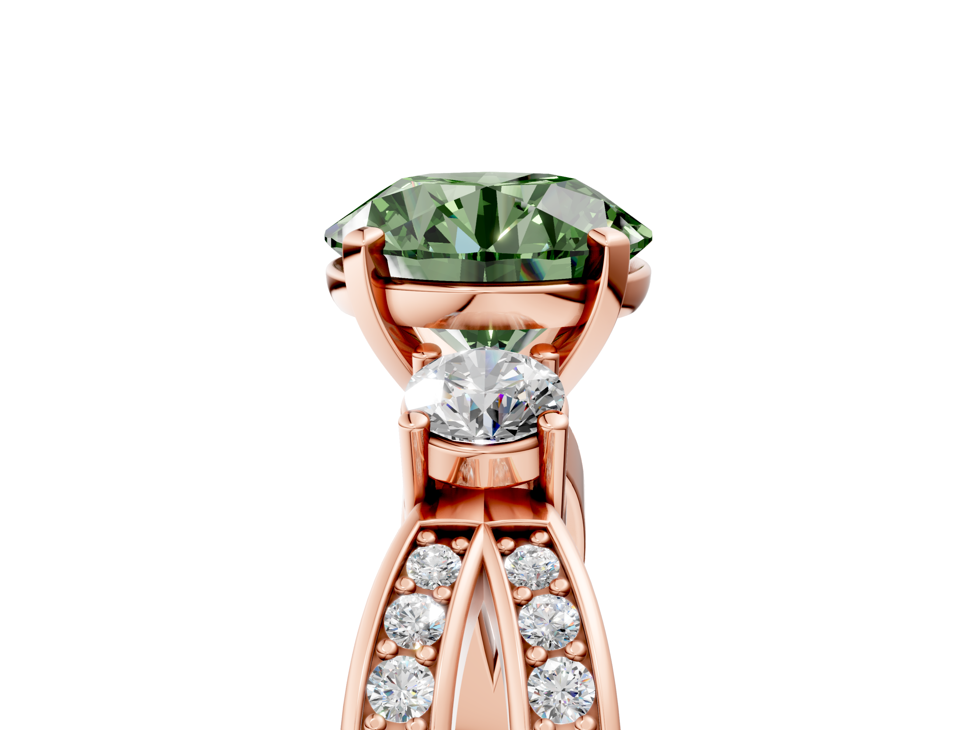 Rose gold Three-Stone Fancy Green Round  Cut Diamond Twist Band with Prong Setting_55