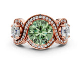Rose gold Three-Stone Fancy Green Round Cut Diamond Wave Pave Band with Prong Setting