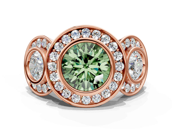 Rose gold Three-Stone Fancy Green Round Cut Halo Pavé Diamond Ring