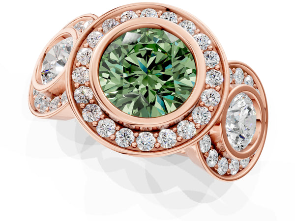 Rose gold Three-Stone Fancy Green Round Cut Halo Pavé Diamond Ring