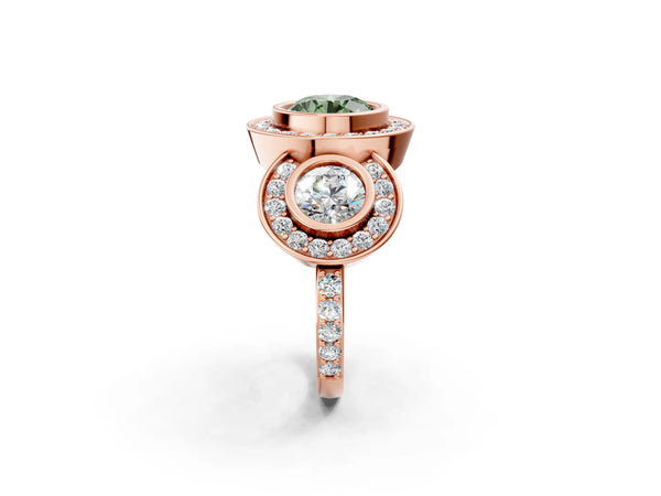 Rose gold Three-Stone Fancy Green Round Cut Halo Pavé Diamond Ring