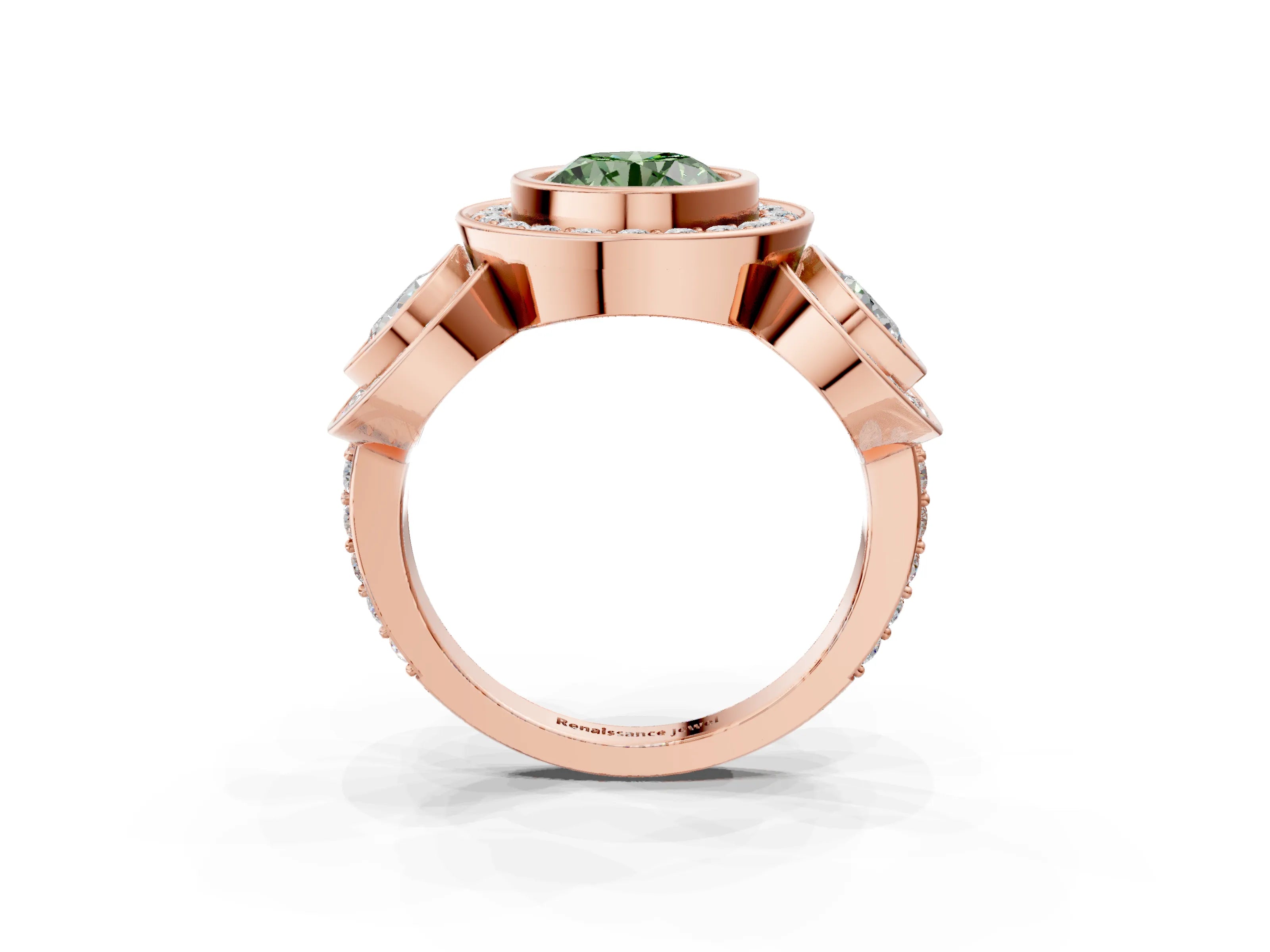 Rose gold Three-Stone Fancy Green Round Cut Halo Pavé Diamond Ring_3