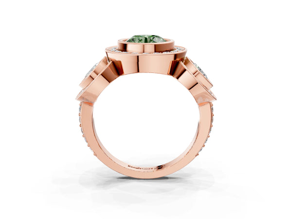 Rose gold Three-Stone Fancy Green Round Cut Halo Pavé Diamond Ring