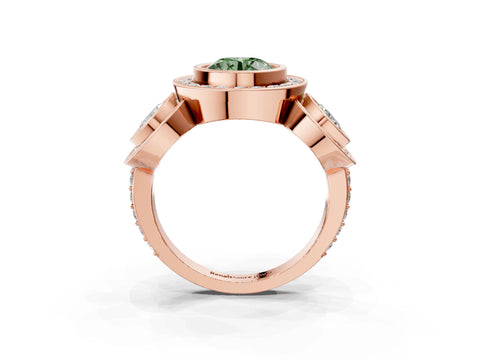 Rose gold Three-Stone Fancy Green Round Cut Halo Pavé Diamond Ring_3