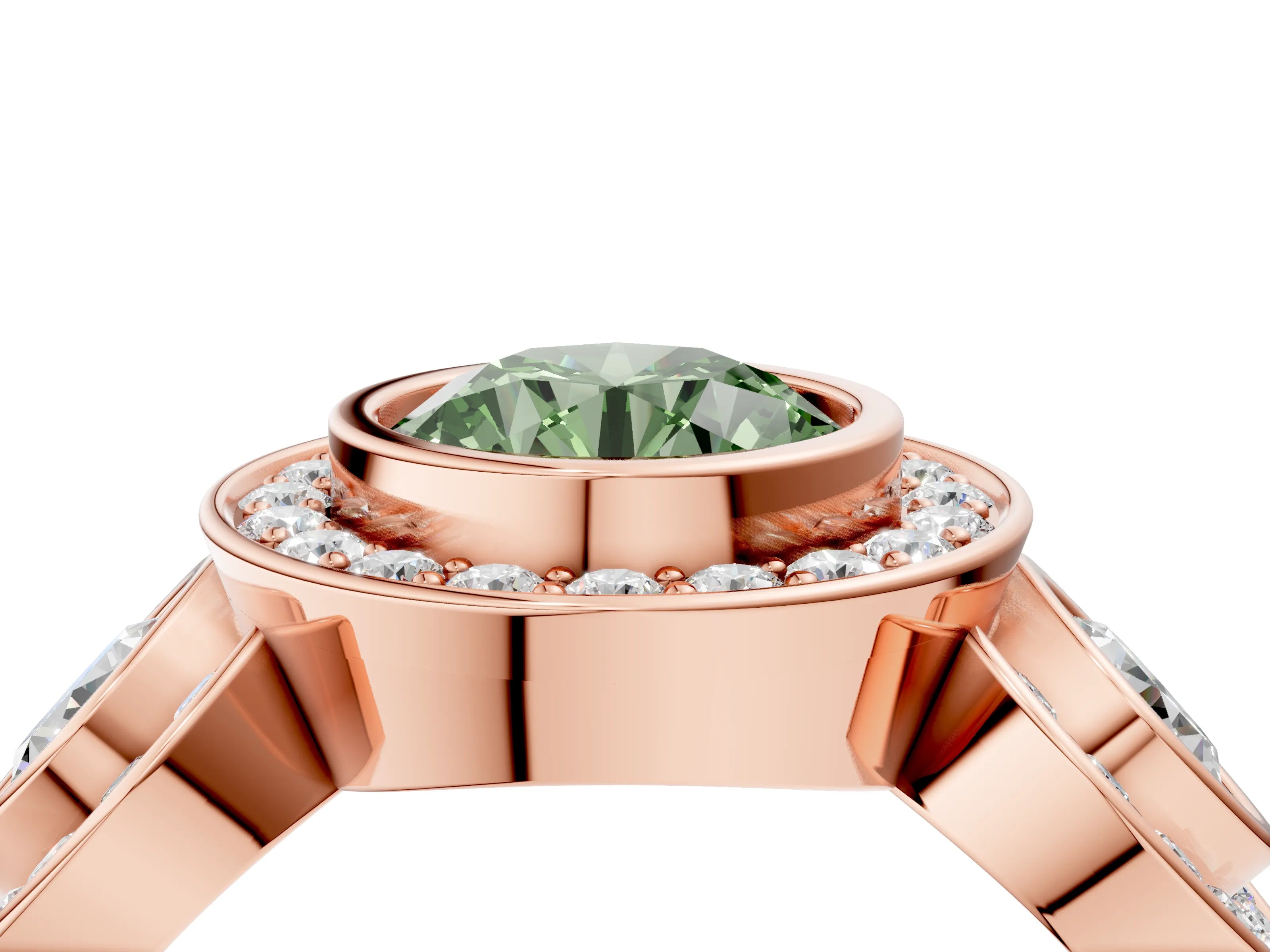 Rose gold Three-Stone Fancy Green Round Cut Halo Pavé Diamond Ring_4