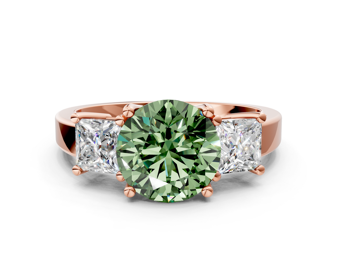 Rose gold Three-Stone Fancy Green Round  Cut Solitaire Ring with Prong Setting_3