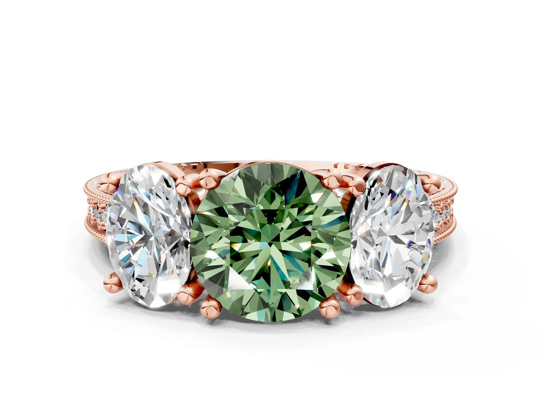 Rose gold Three-Stone Fancy Green Round  Diamond Milgrain Pave Band with Prong Setting 1