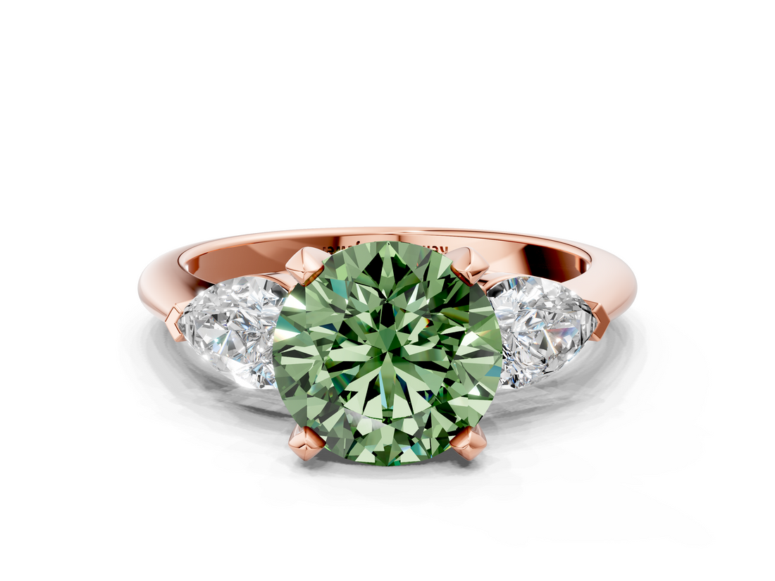 Rose gold Three-Stone Fancy Green Round  Diamond Ring with Pear Side Stones in Four-Prong Setting_88