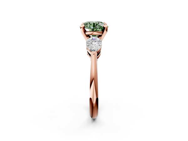 Rose Gold Round Three Stone Engagement Ring Setting for Fancy Green Center with Pear Side Stones