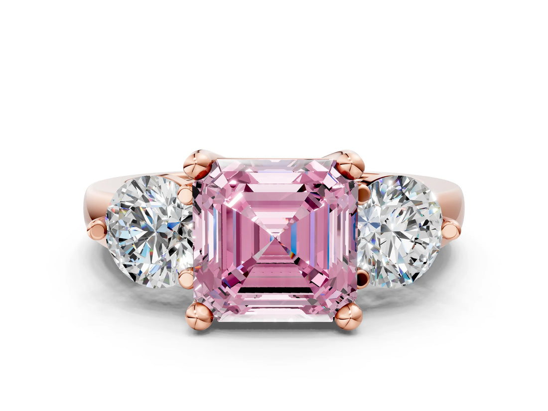 Rose gold Three-Stone Fancy Pink Asscher  Brilliant Cut Solitaire Ring with Prong Setting on a Classic Band 1