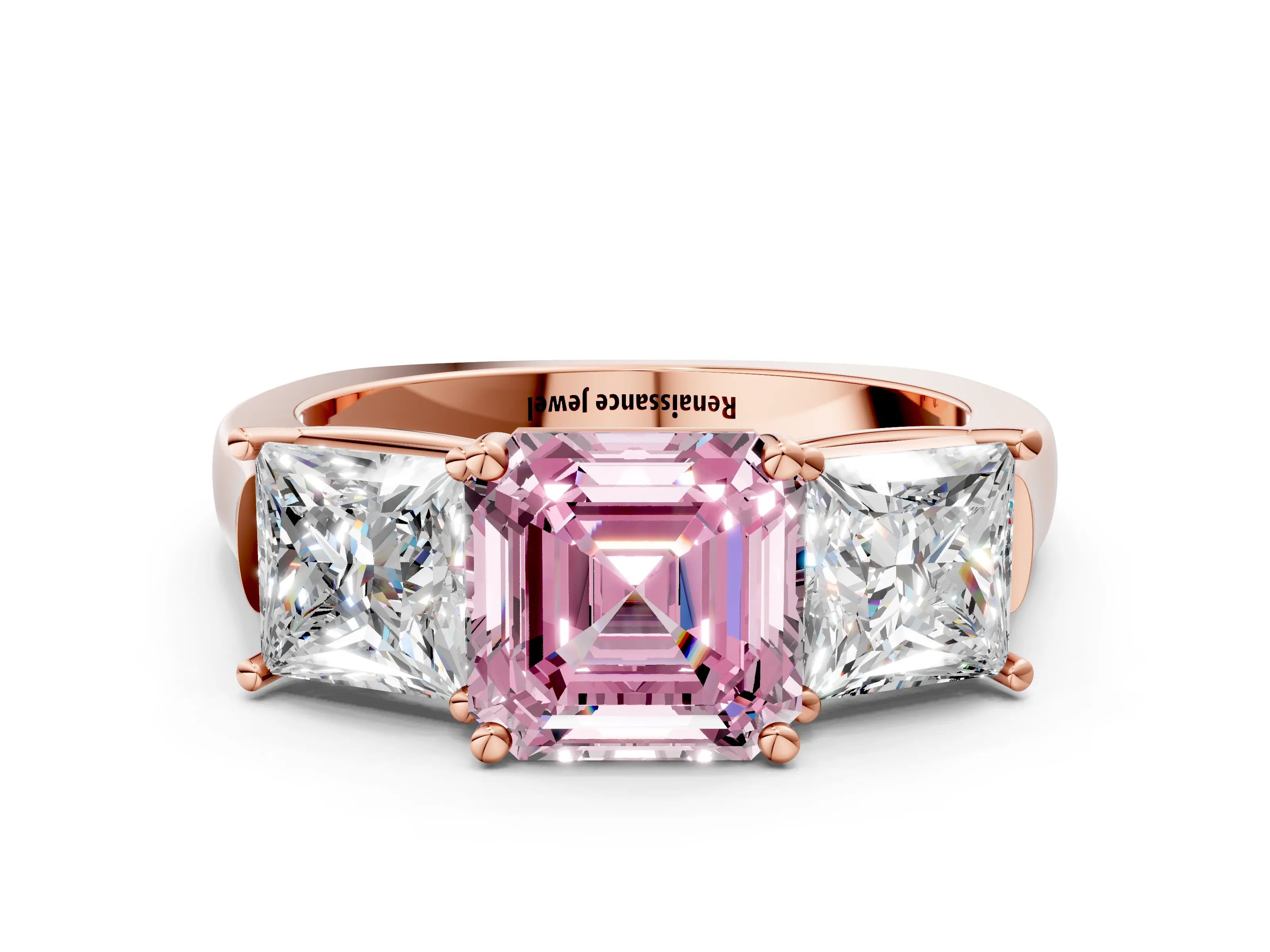 Rose gold Three-Stone Fancy Pink Asscher Cut Brilliant Diamond Trellis Ring with Comfort Fit Band