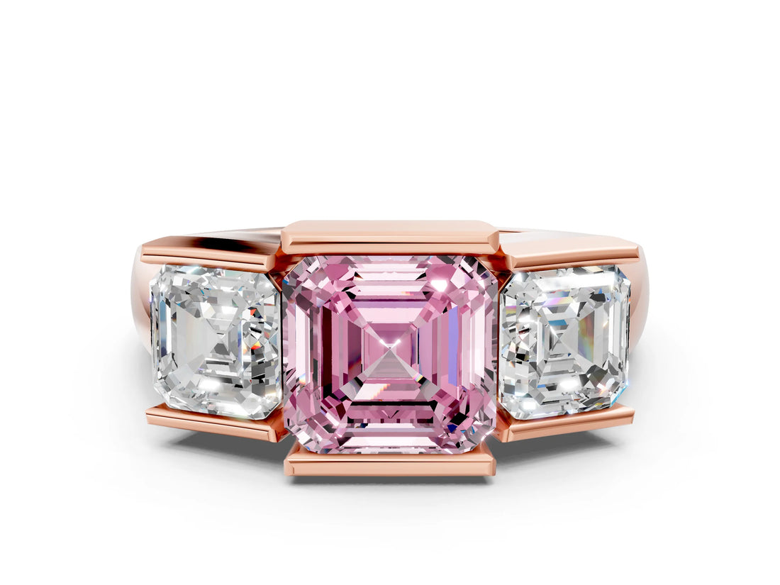 Rose gold Three Stone Fancy Pink Asscher Cut Cut Channel Set Diamond Ring
