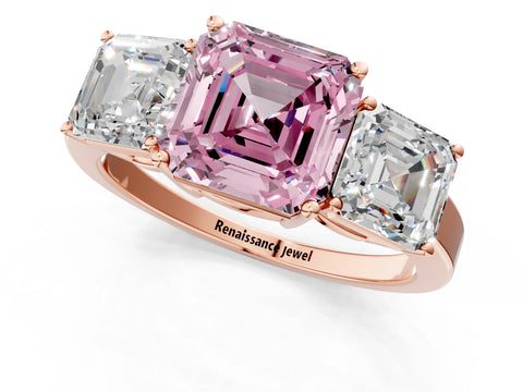Rose gold Three-Stone Fancy Pink Asscher Cut Cut Diamond Engagement Ring with Flat Band and Four-Prong Setting_1