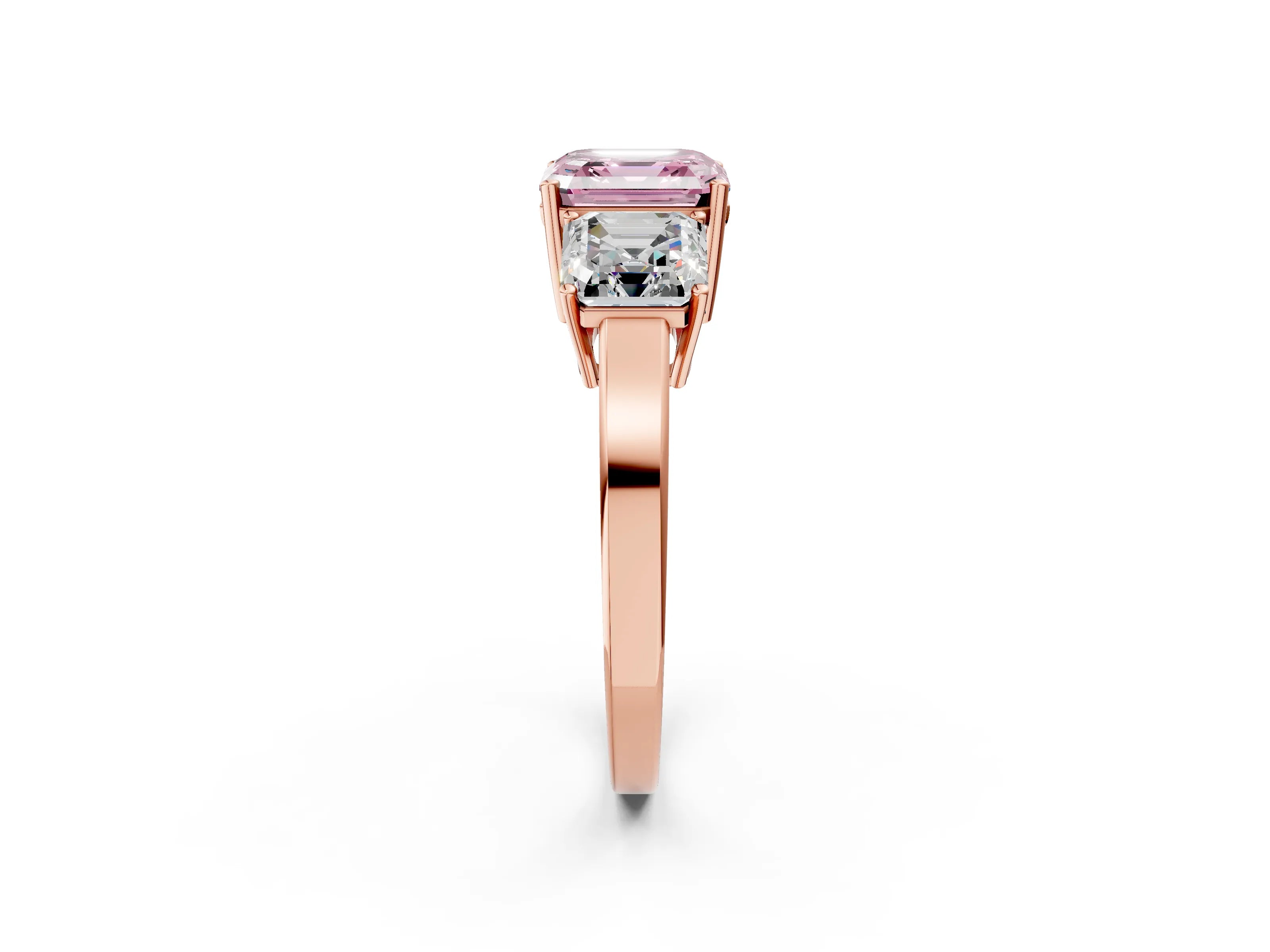 Rose gold Three-Stone Fancy Pink Asscher Cut Cut Diamond Engagement Ring with Flat Band and Four-Prong Setting_2