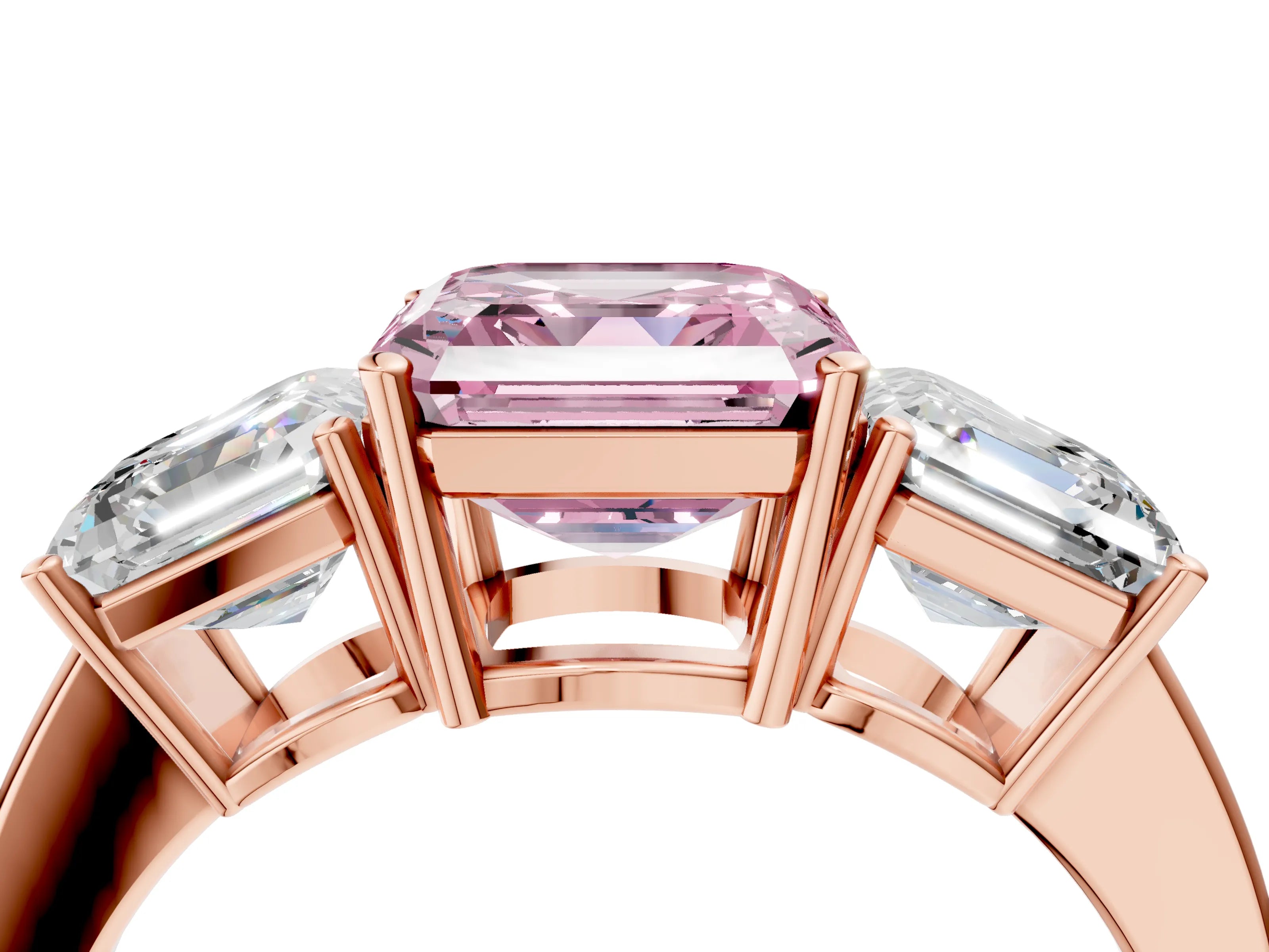 Rose gold Three-Stone Fancy Pink Asscher Cut Cut Diamond Engagement Ring with Flat Band and Four-Prong Setting_4