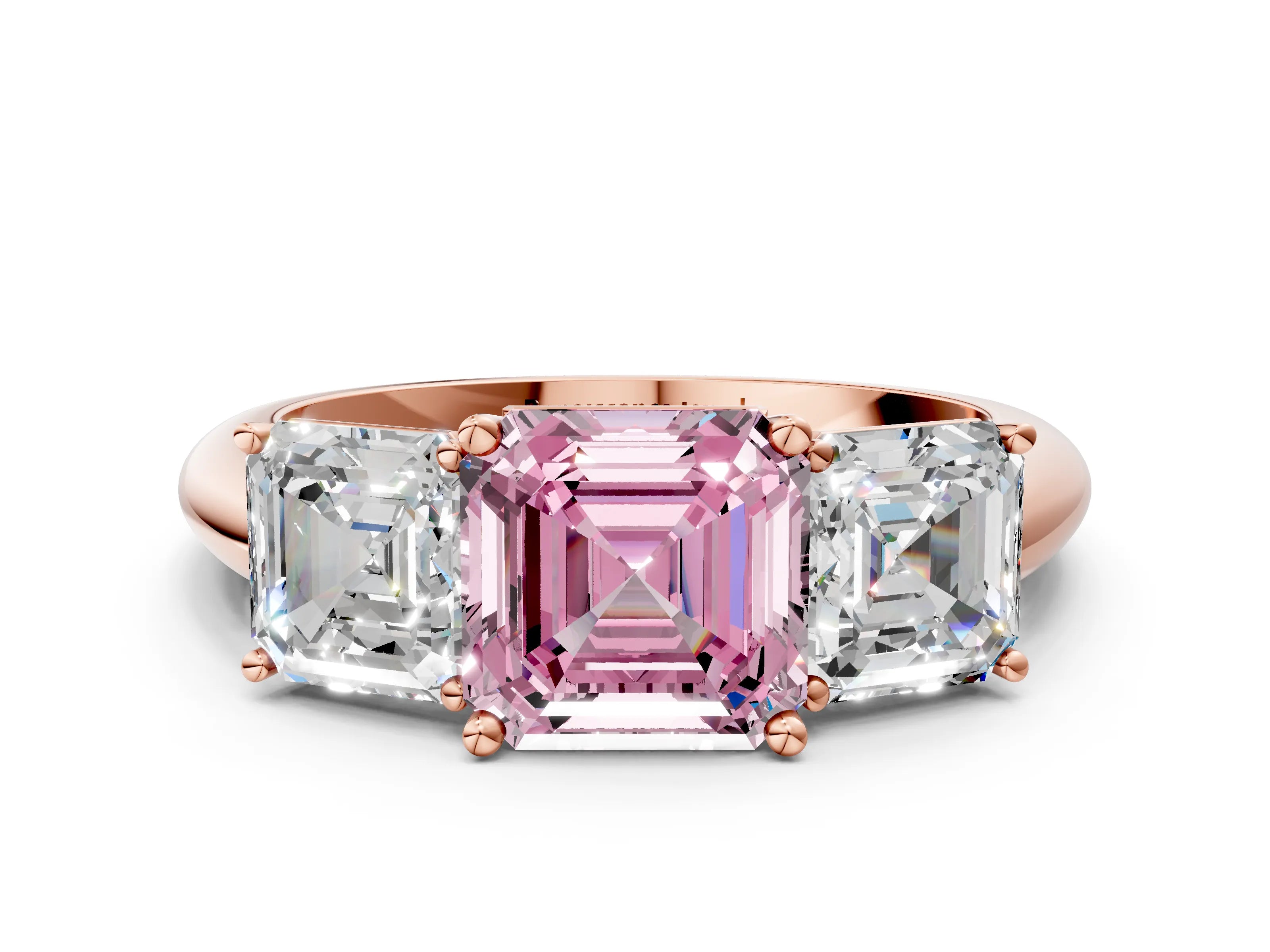 Rose gold Three-Stone Fancy Pink Asscher Cut Cut Diamond Engagement Ring with Prong Setting on a White Gold Band