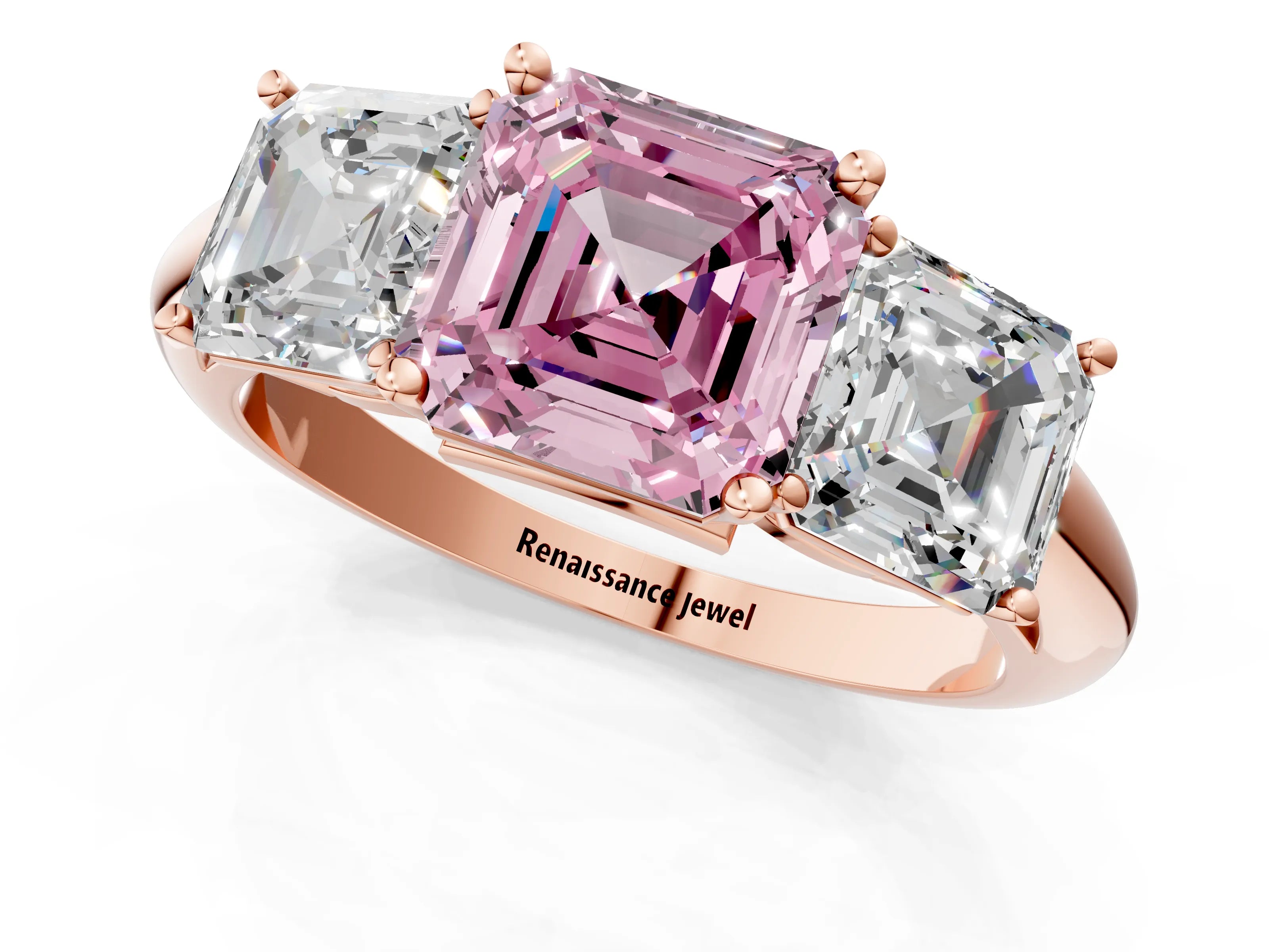 Rose gold Three-Stone Fancy Pink Asscher Cut Cut Diamond Engagement Ring with Prong Setting on a White Gold Band_1