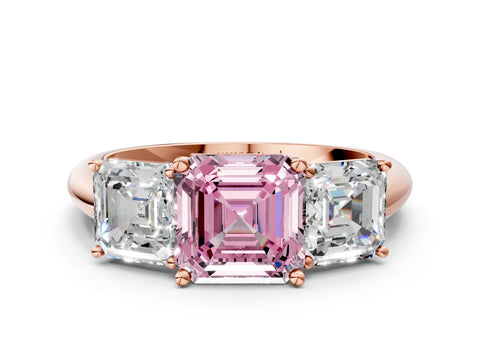 Rose gold Three-Stone Fancy Pink Asscher Cut Cut Diamond Engagement Ring with Prong Setting on a White Gold Band