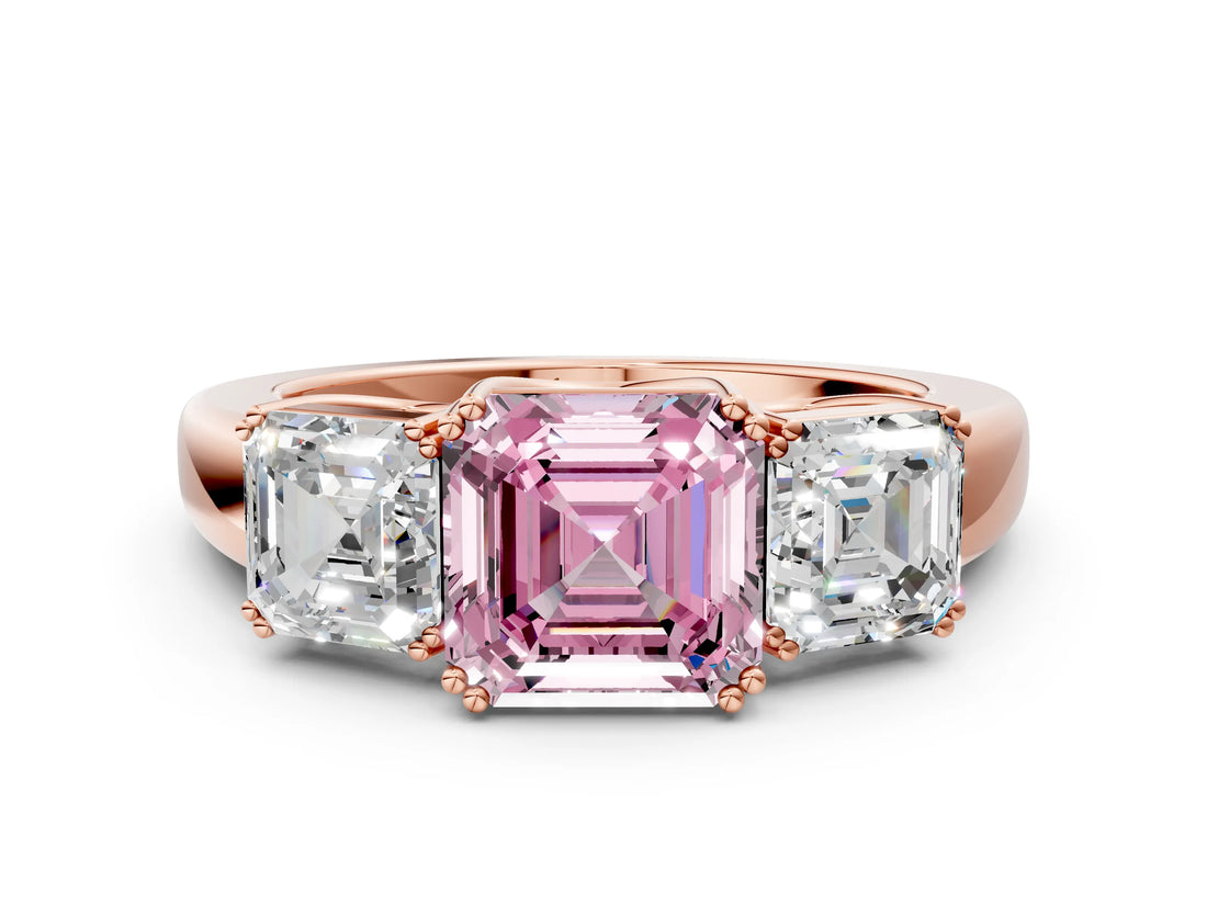 Rose gold Three-Stone Fancy Pink Asscher Cut Cut Diamond Ring with Channel Set Band and Four-Prong Setting