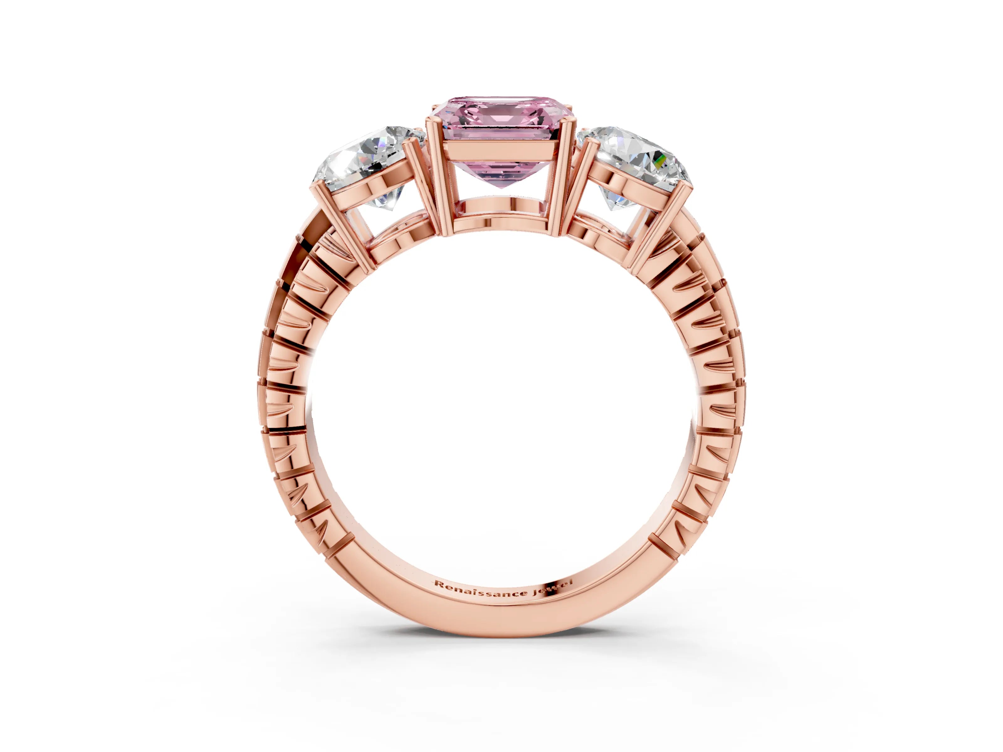 Rose gold Three-Stone Fancy Pink Asscher Cut Cut Diamond Ring with Channel-Set Band and Prong Setting_3