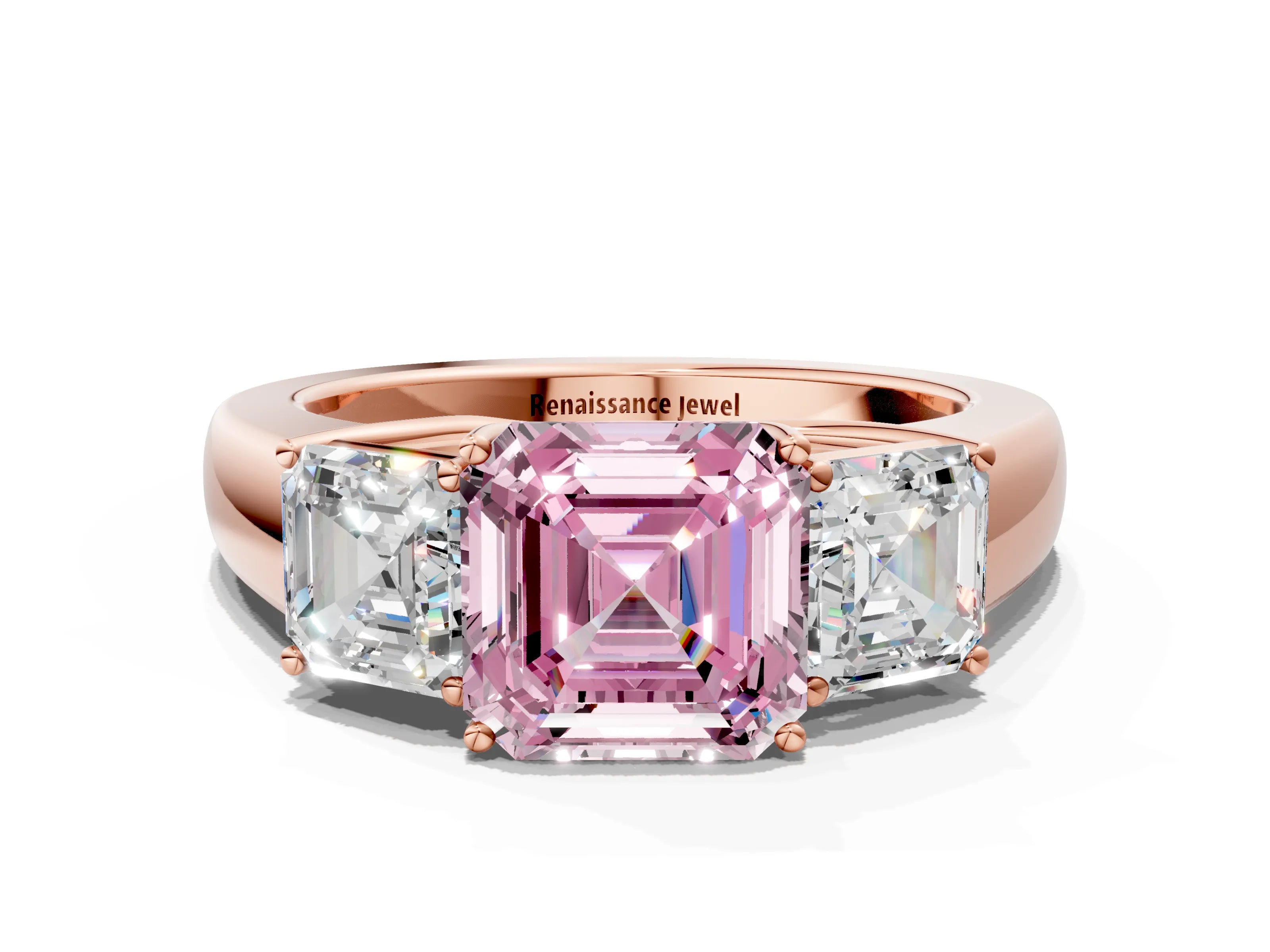 Rose gold Three-Stone Fancy Pink Asscher Cut Cut Diamond Ring with Prong Setting and Classic Band