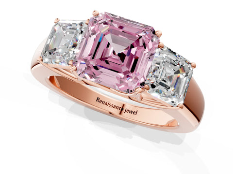 Rose gold Three-Stone Fancy Pink Asscher Cut Cut Diamond Ring with Prong Setting and Classic Band_1