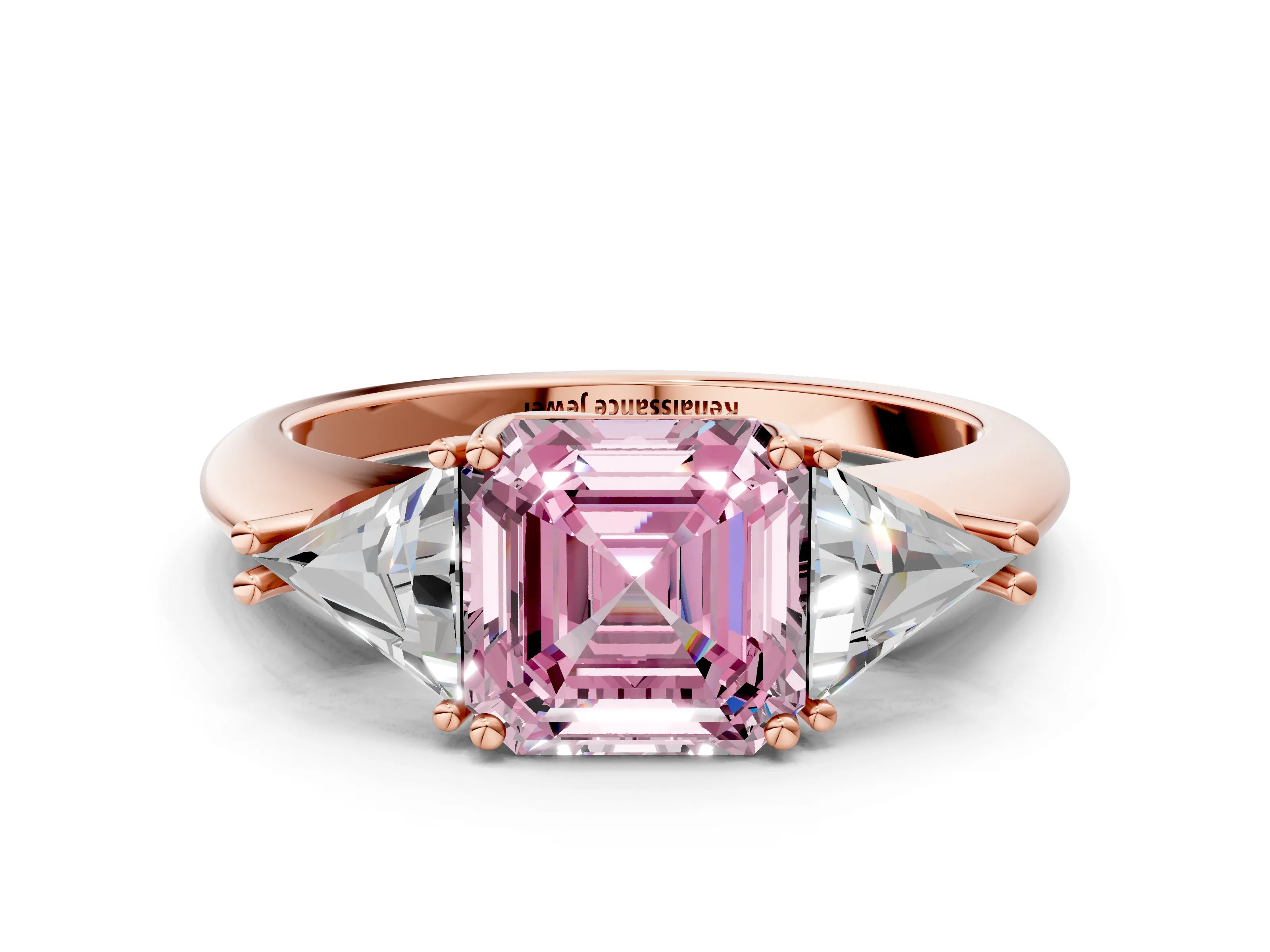 Rose gold Three-Stone Fancy Pink Asscher Cut Cut Diamond Ring with Trillion Side Stones and Four-Prong Setting_3