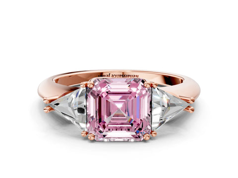 Rose gold Three-Stone Fancy Pink Asscher Cut Cut Diamond Ring with Trillion Side Stones and Four-Prong Setting_3