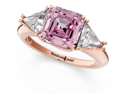 Rose gold Three-Stone Fancy Pink Asscher Cut Cut Diamond Ring with Trillion Side Stones and Four-Prong Setting_4