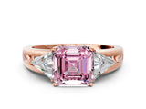 Rose gold Three-Stone Fancy Pink Asscher Cut Cut Diamond Ring with Trillion Side Stones on a Split Shank Band