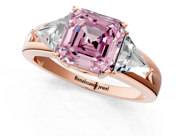 Rose Gold Asscher Cut Split Shank Three Stone Engagement Ring Setting for Fancy Pink Center