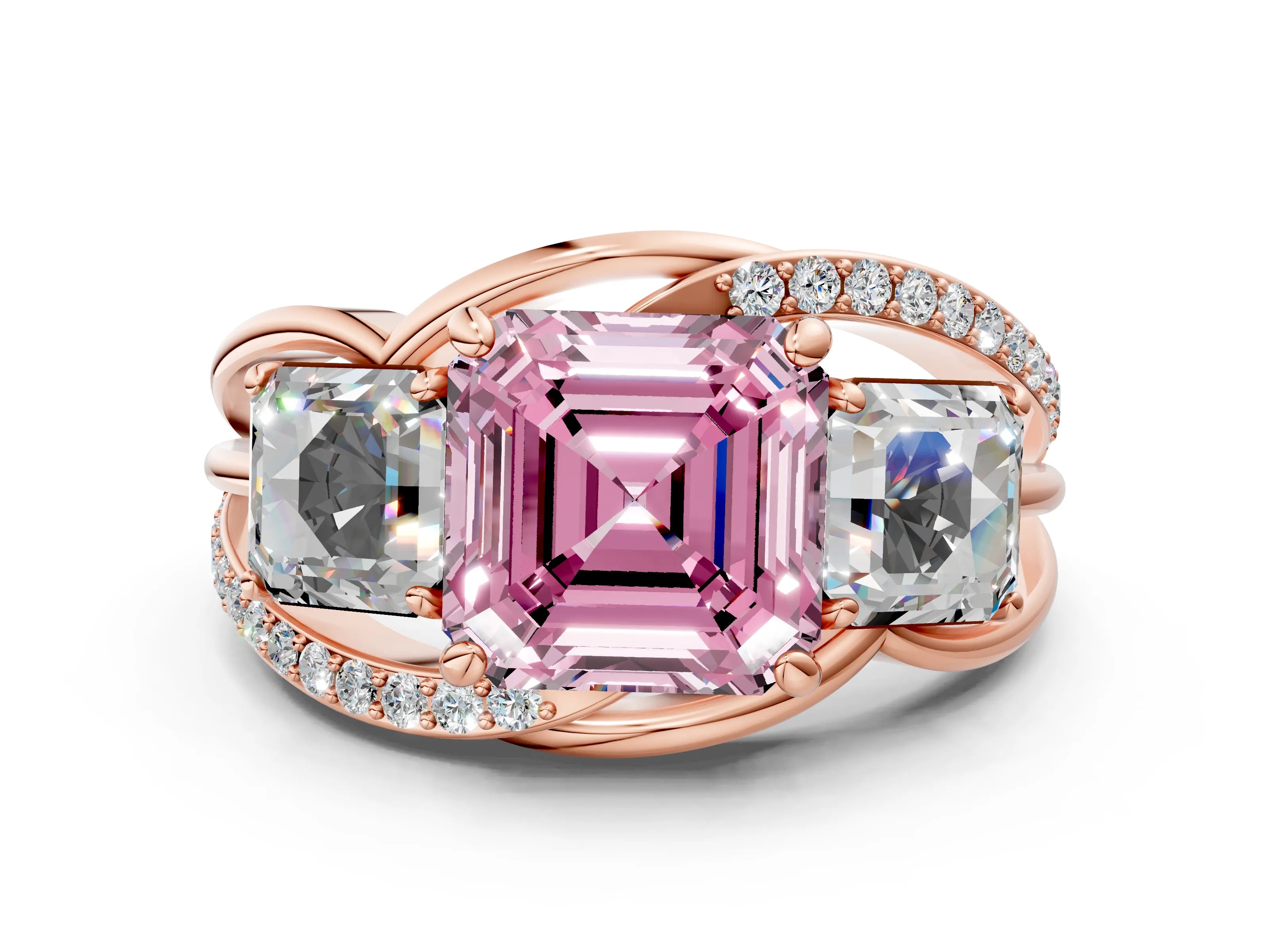 Rose gold Three-Stone Fancy Pink Asscher Cut Cut Diamond Split Shank Prong Set Ring_12