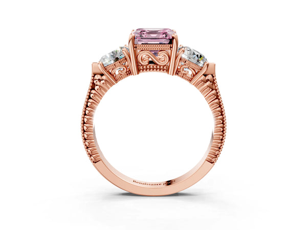 Rose Gold Asscher Cut Vintage Three Stone Engagement Ring Setting for Fancy Pink Center