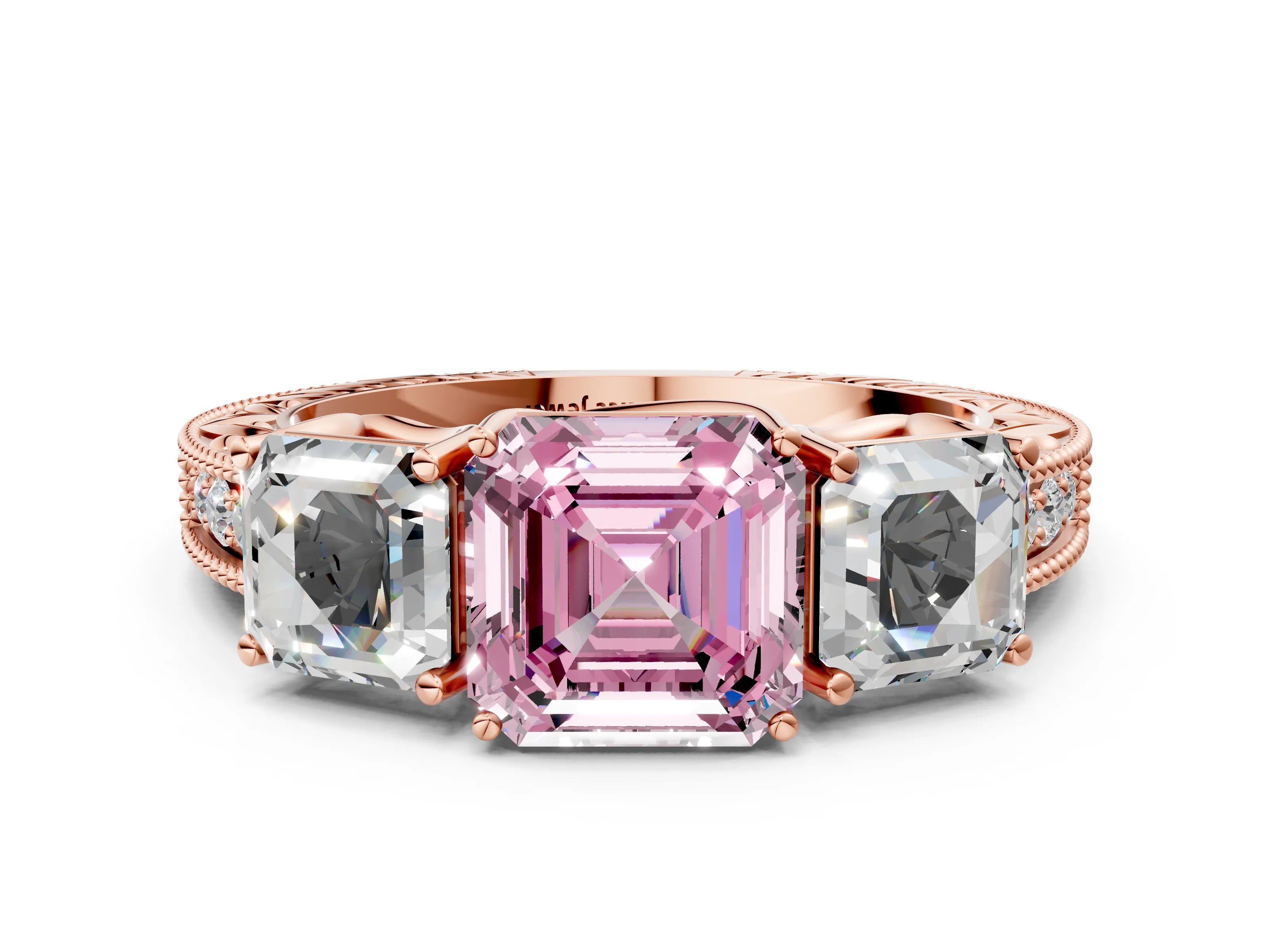 Rose gold Three-Stone Fancy Pink Asscher Cut Cut Milgrain Pavé Engagement Ring