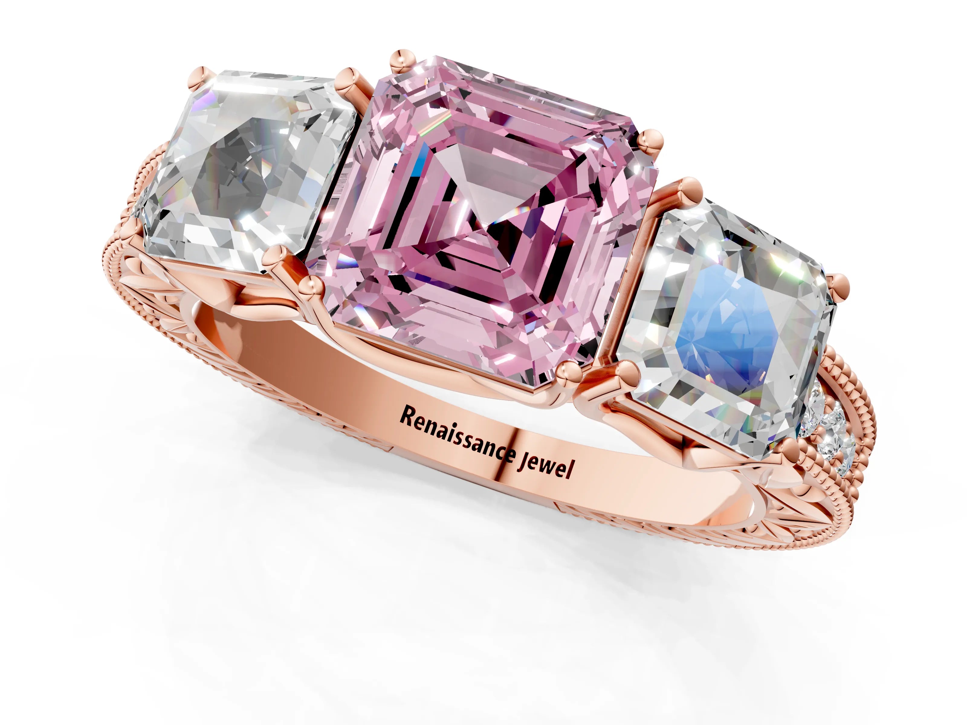 Rose gold Three-Stone Fancy Pink Asscher Cut Cut Milgrain Pavé Engagement Ring_1